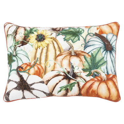 14" X 20" Ivory And Orange Pumpkins Cotton Throw Pillow with Embroidery