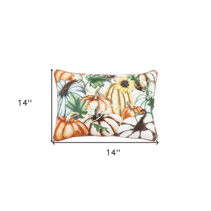 14" X 20" Ivory And Orange Pumpkins Cotton Throw Pillow with Embroidery