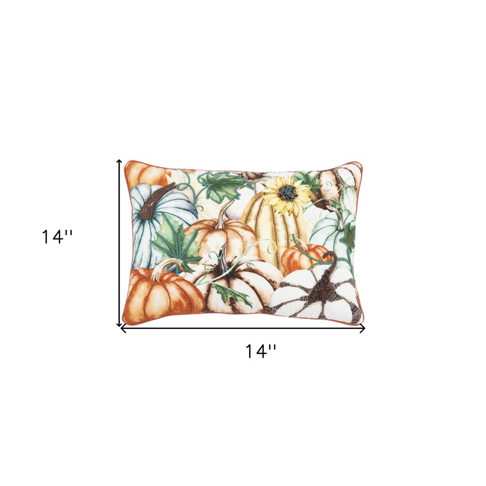 14" X 20" Ivory And Orange Pumpkins Cotton Throw Pillow with Embroidery