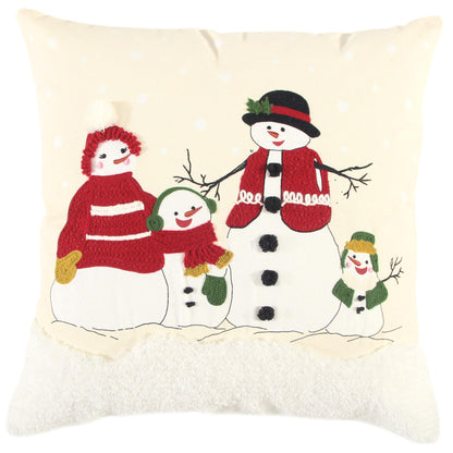 20" Red and Ivory Christmas Cotton Pillow With Applique, Embroidery, Pom Poms Edges