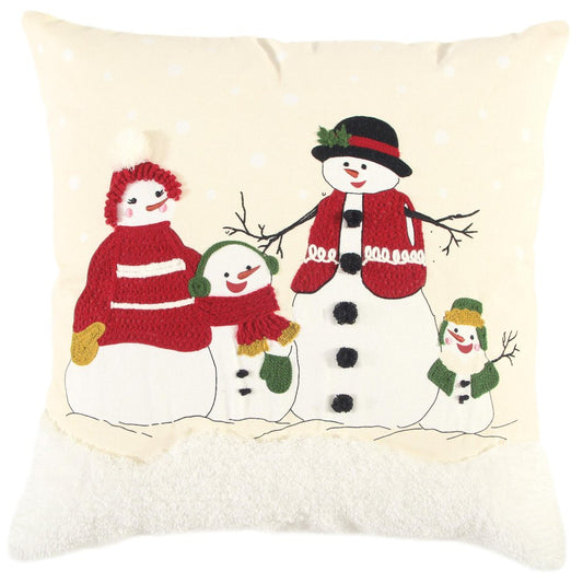 20" Ivory And Red Cotton Christmas Snowman Throw Pillow with Applique Embroidery And Pom Poms