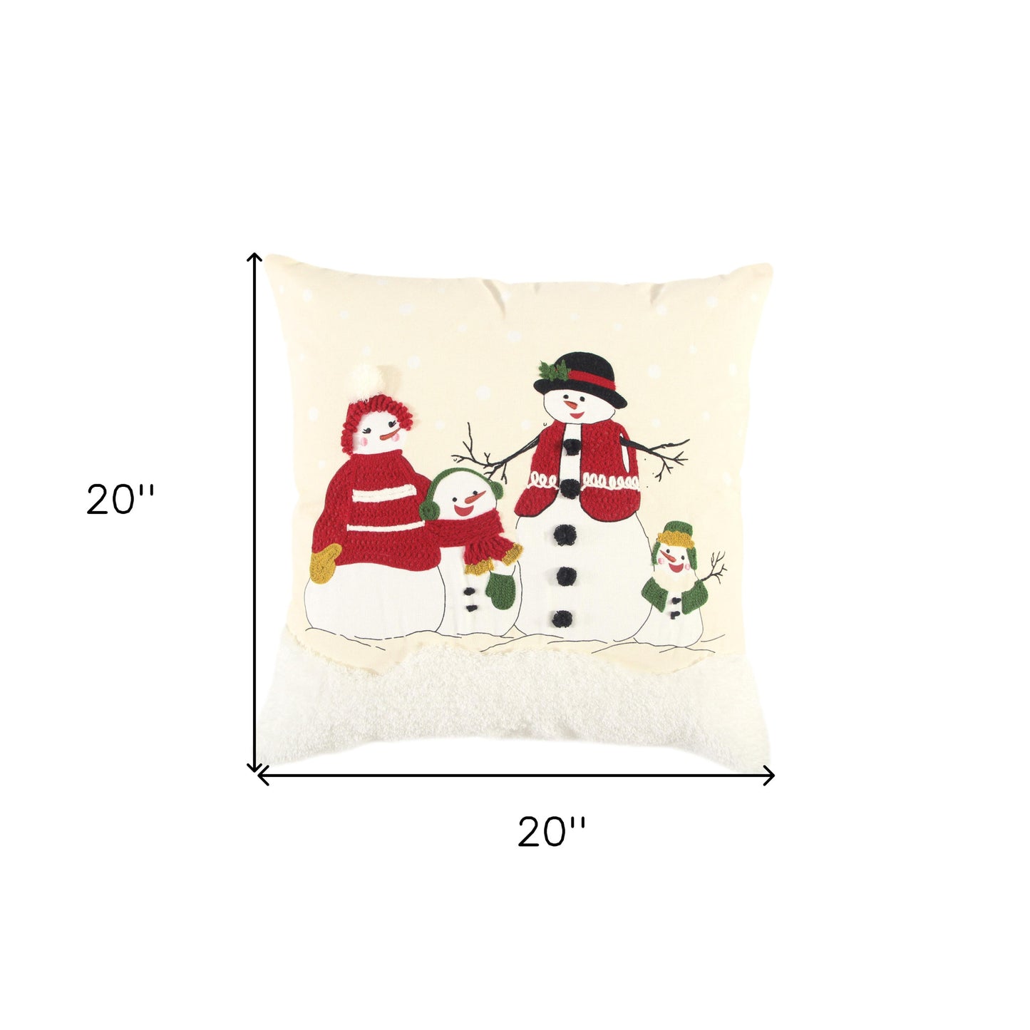 20" Red and Ivory Christmas Cotton Pillow With Applique, Embroidery, Pom Poms Edges