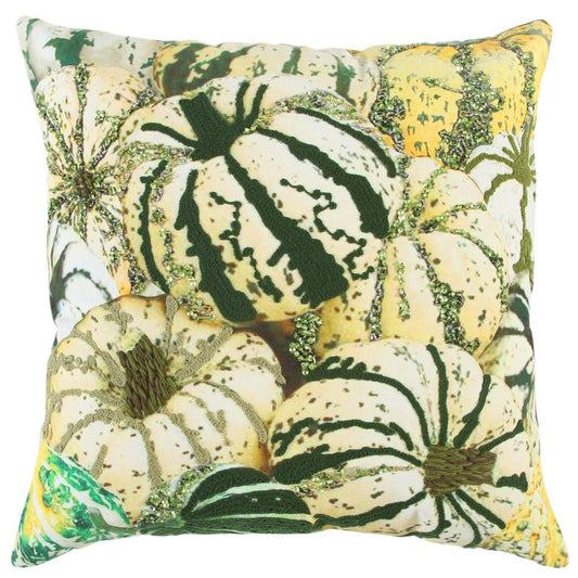20" Green And White Pumpkins Cotton Throw Pillow with Beads And Embroidery