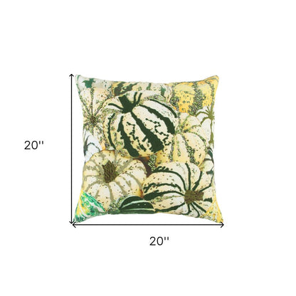 20" Green And White Pumpkins Cotton Throw Pillow with Beads And Embroidery