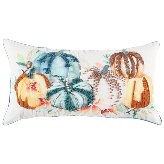 14" X 26" Blue Orange And White Pumpkins Throw Pillow with Embroidery And Texture