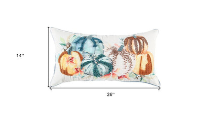 14" X 26" Blue Orange And White Pumpkins Throw Pillow with Embroidery And Texture