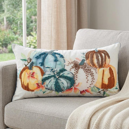 14" X 26" Blue Orange And White Pumpkins Throw Pillow with Embroidery And Texture