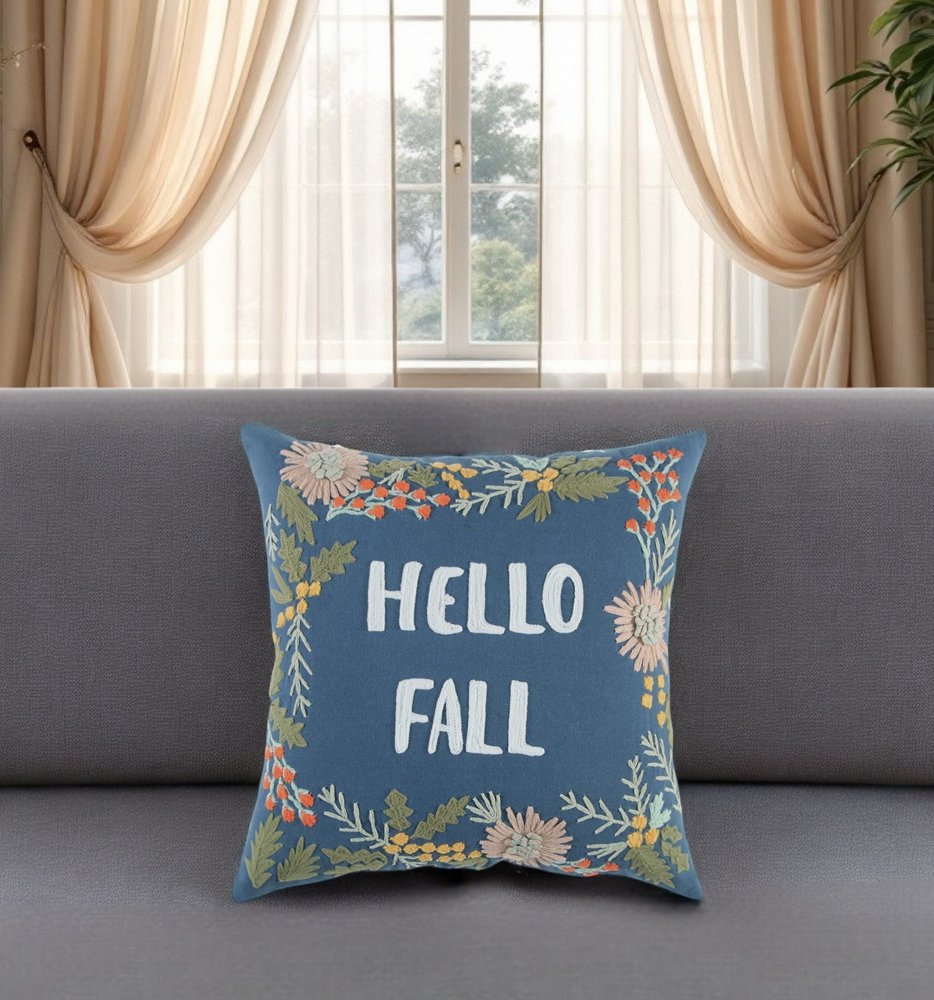 18" Blue and Pink Thanksgiving Cotton Pillow With Embroidery Edges