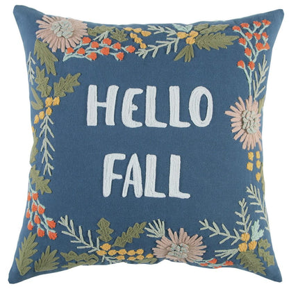 18" Blue And Ivory Hello Fall Cotton Throw Pillow with Embroidery