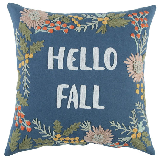 18" Blue And Ivory Hello Fall Cotton Throw Pillow with Embroidery