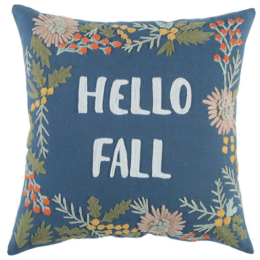 18" Blue And Ivory Hello Fall Cotton Throw Pillow with Embroidery