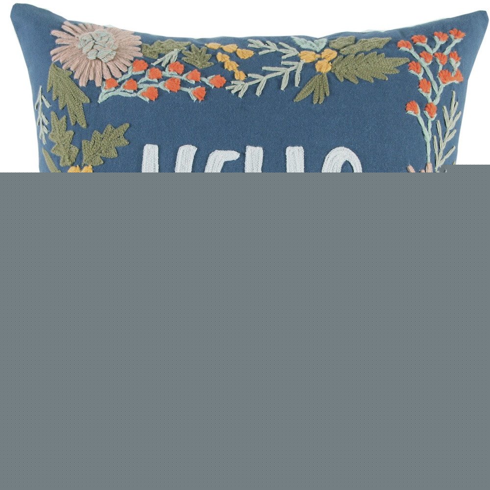 18" Blue And Ivory Hello Fall Cotton Throw Pillow with Embroidery