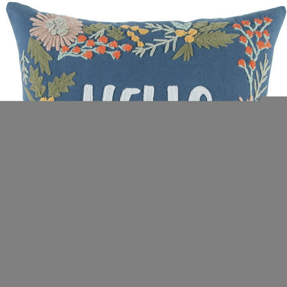 18" Blue And Ivory Hello Fall Cotton Throw Pillow with Embroidery