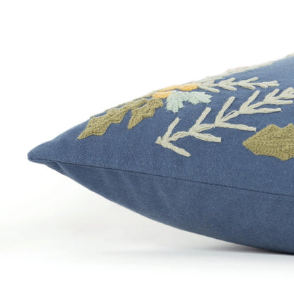 18" Blue And Ivory Hello Fall Cotton Throw Pillow with Embroidery