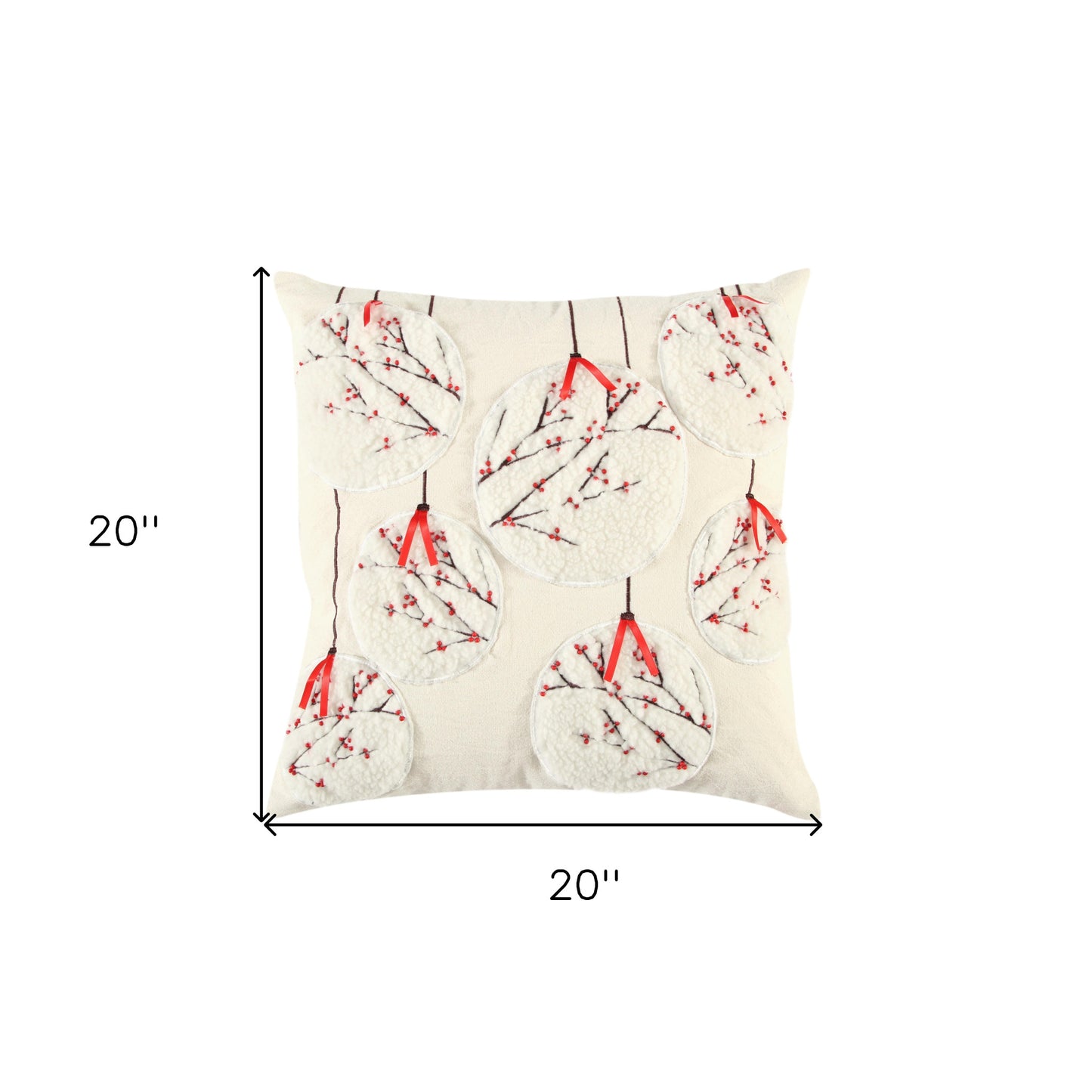 20" Red and Ivory Christmas Ornaments Abstract Cotton Throw Pillow With Applique, Embroidery, Beads