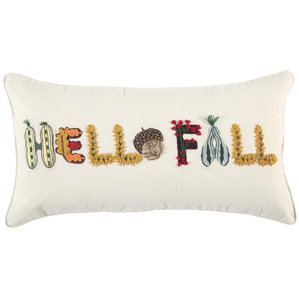 14" X 26" White And Yellow Hello Fall Cotton Throw Pillow with Embroidery