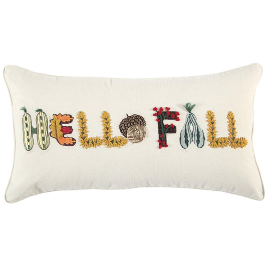 14" X 26" White And Yellow Hello Fall Cotton Throw Pillow with Embroidery