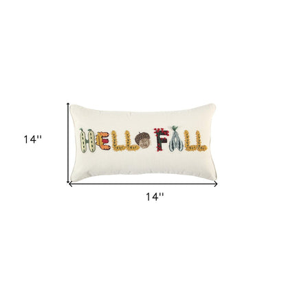 14" X 26" White And Yellow Hello Fall Cotton Throw Pillow with Embroidery