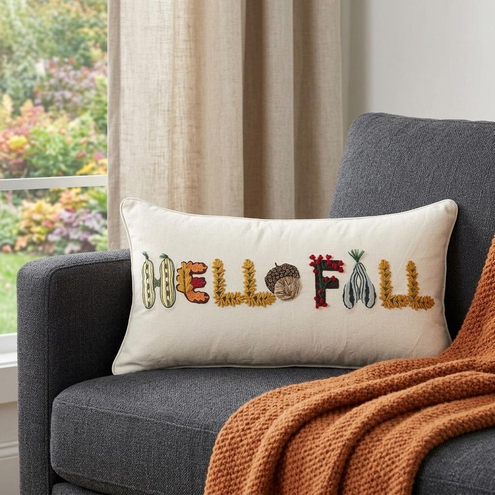 14" X 26" White And Yellow Hello Fall Cotton Throw Pillow with Embroidery