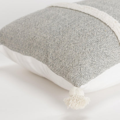 14" X 26" Gray And White Lumbar Weave Cotton Throw Pillow with Tassels