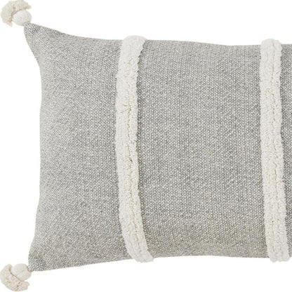 14" X 26" Gray And White Lumbar Weave Cotton Throw Pillow with Tassels