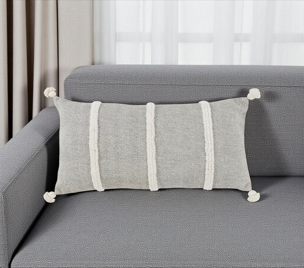 14" X 26" Gray And White Lumbar Weave Cotton Throw Pillow with Tassels