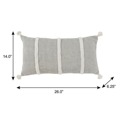 14" X 26" Gray And White Lumbar Weave Cotton Throw Pillow with Tassels