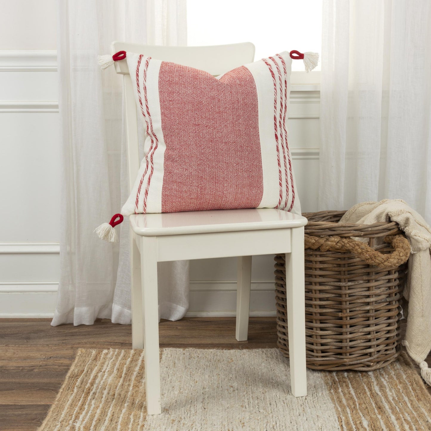 20" Red and White Color Block Cotton Throw Pillow With Tassels