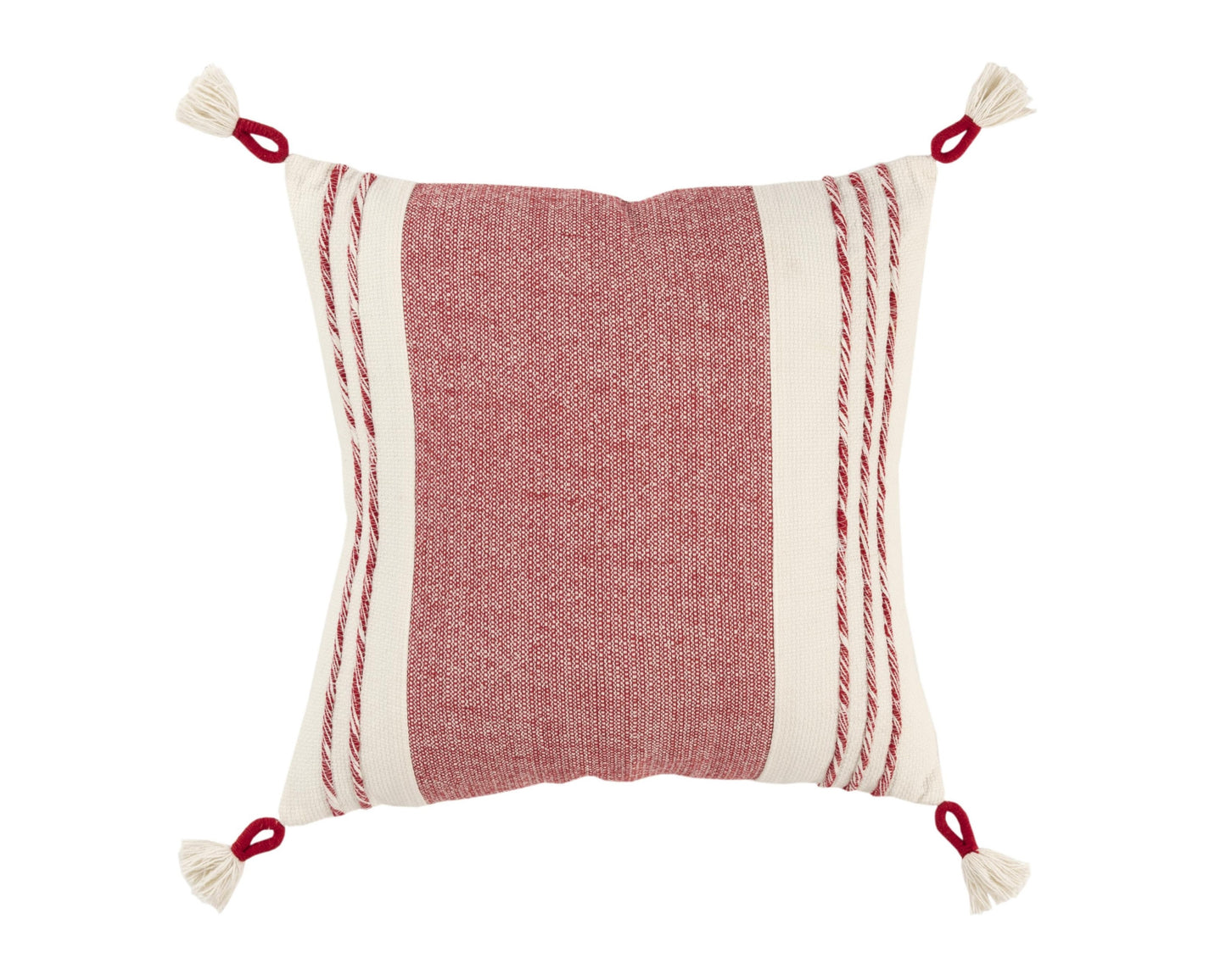 20" Red and White Color Block Cotton Throw Pillow With Tassels