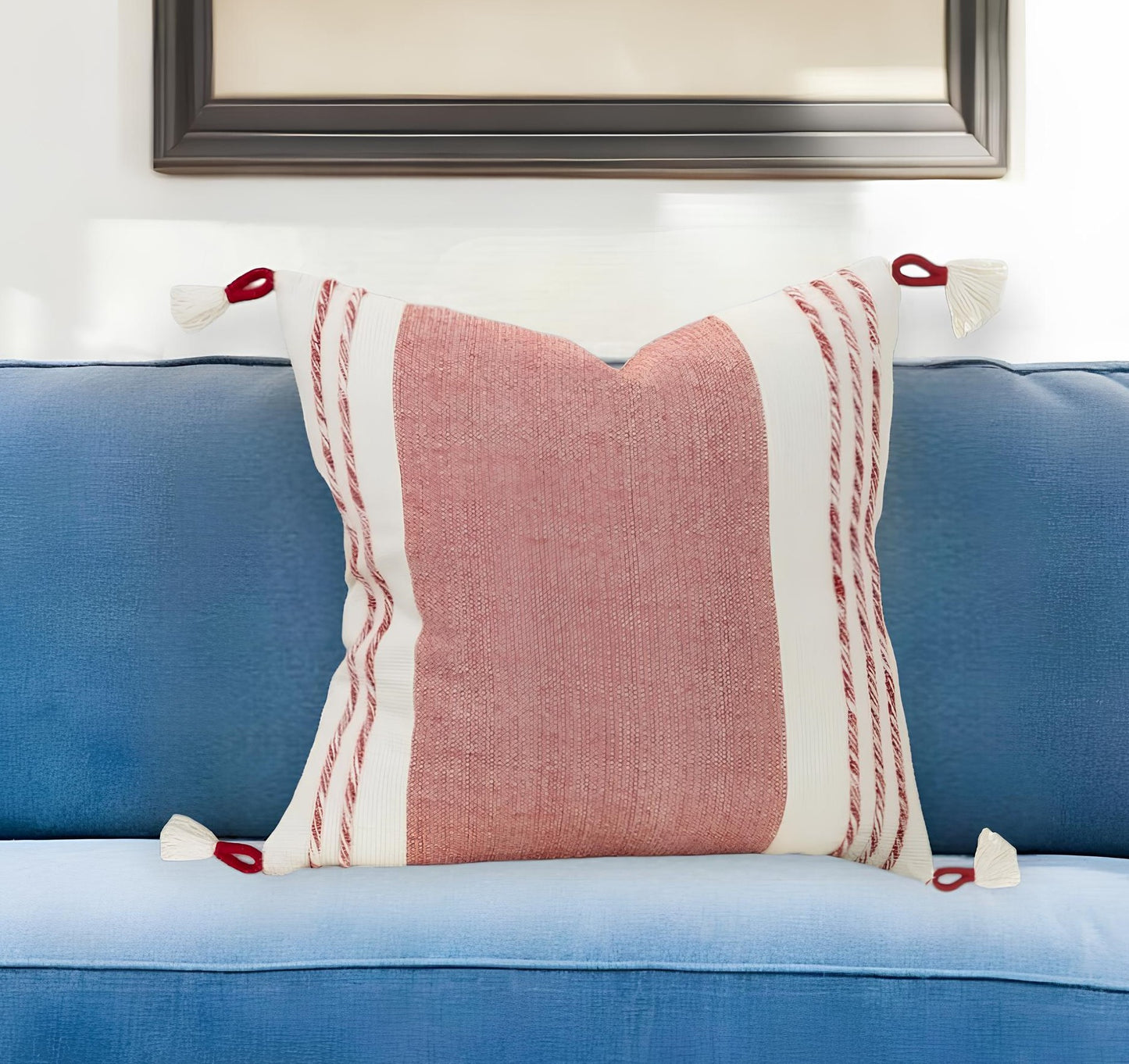 20" Red and White Color Block Cotton Throw Pillow With Tassels