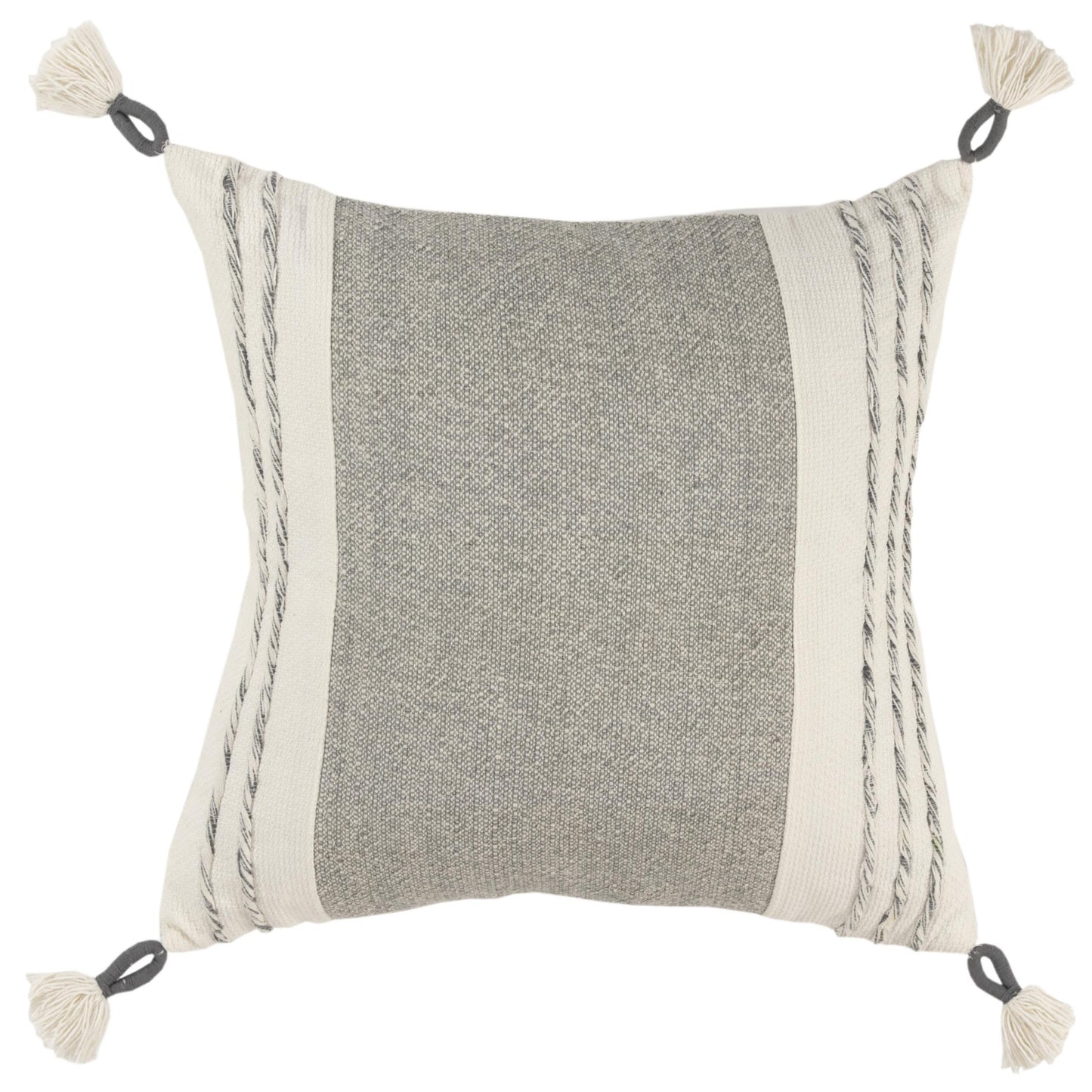 20" Gray and White Color Block Cotton Throw Pillow With Tassels