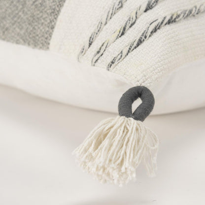 20" Gray and White Color Block Cotton Throw Pillow With Tassels