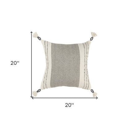 20" Gray and White Color Block Cotton Throw Pillow With Tassels