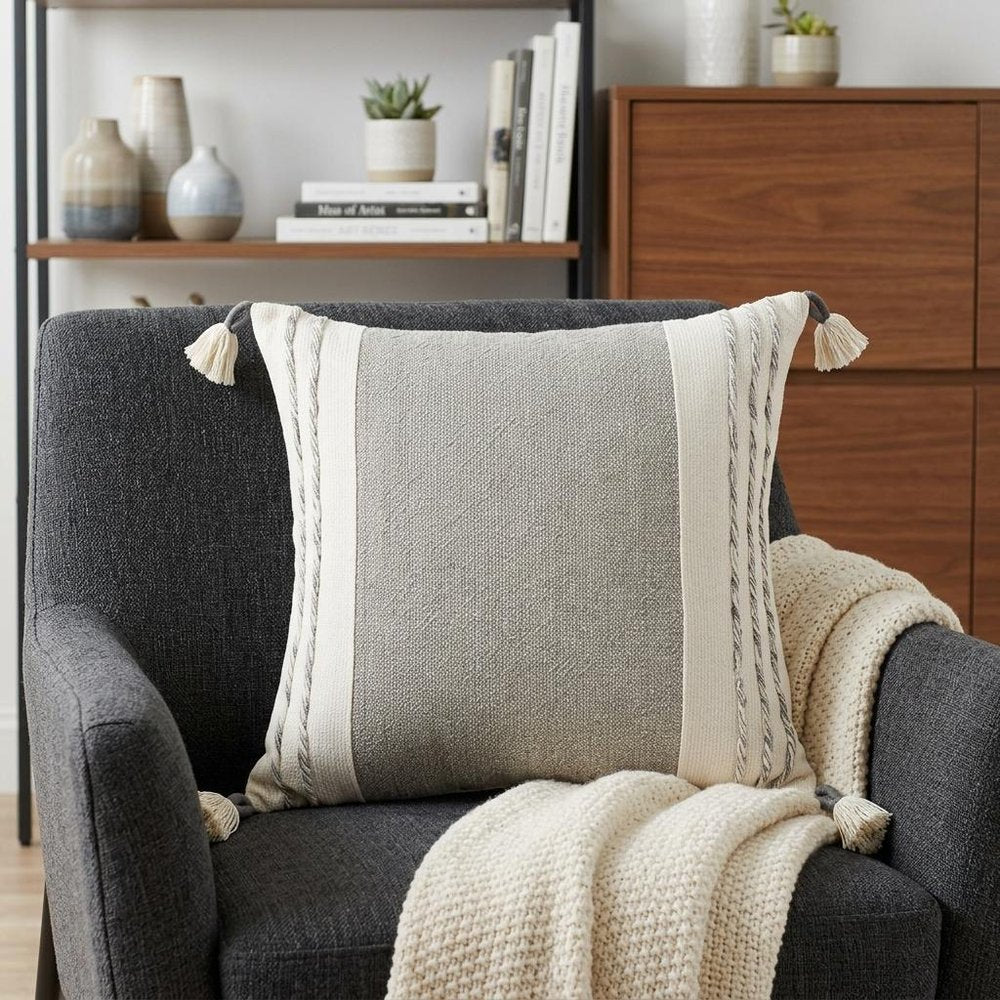 20" Gray and White Color Block Cotton Throw Pillow With Tassels