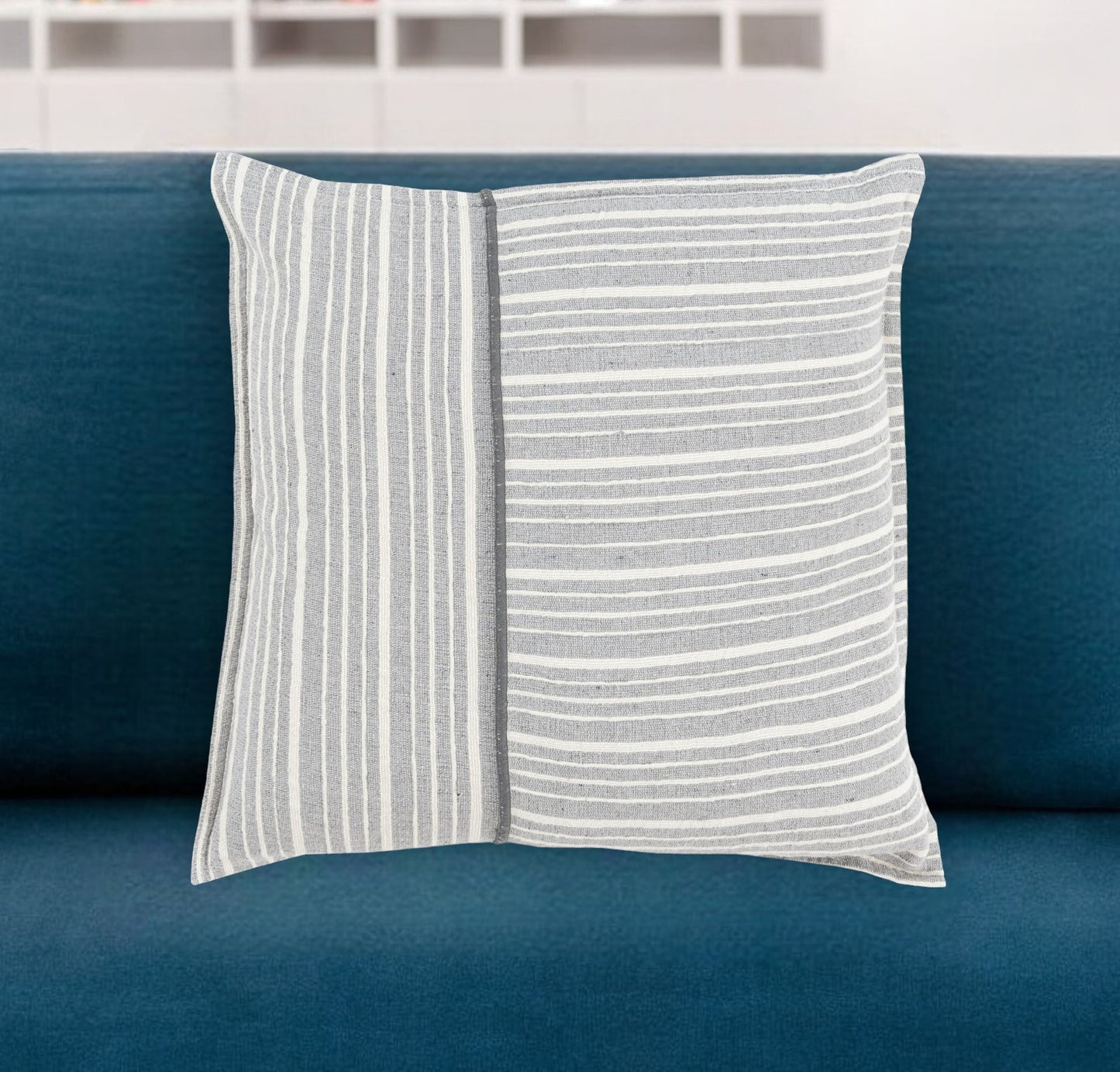 20" Gray and Ivory Striped Cotton Throw Pillow