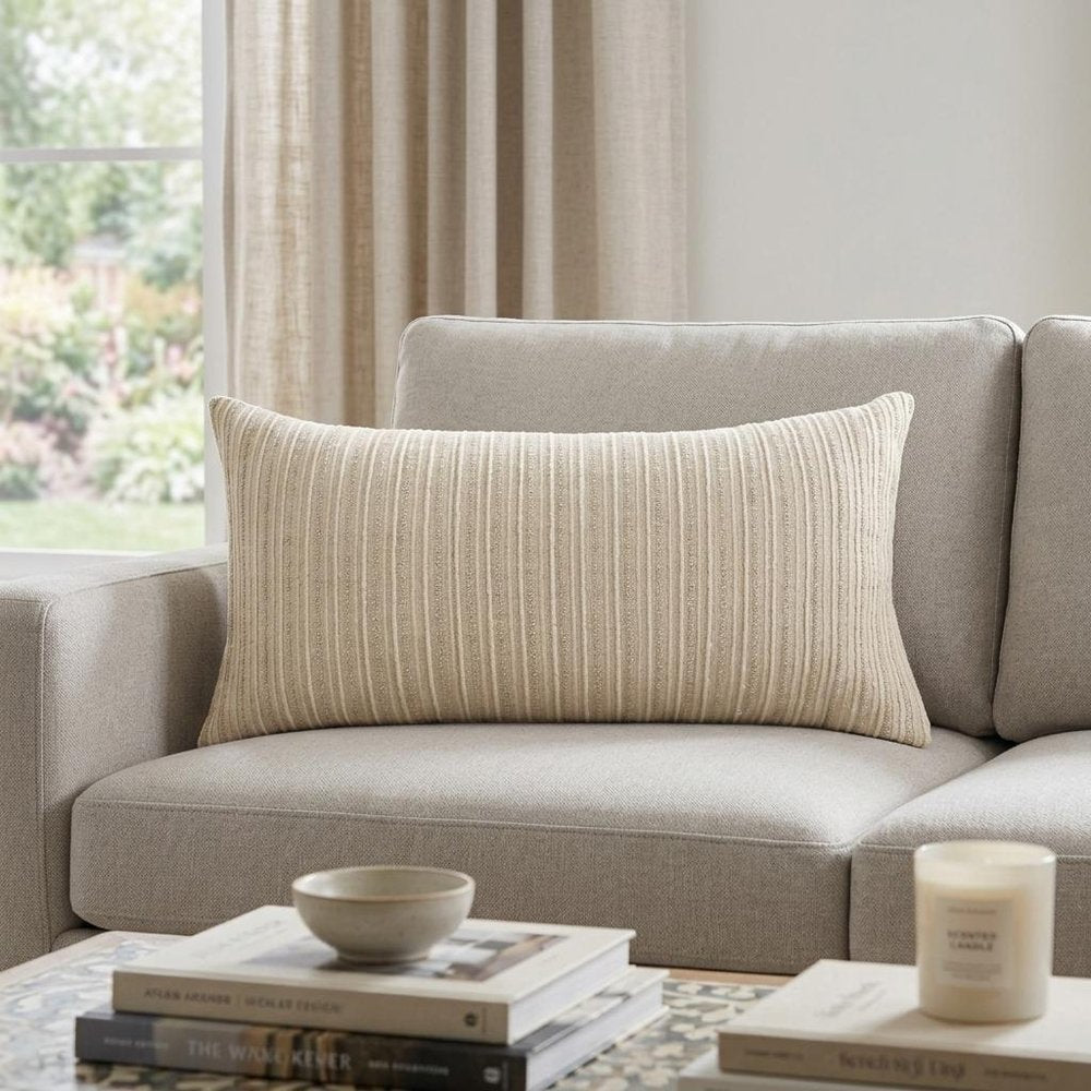 14" X 26" Natural Lumbar Striped Cotton Blend Throw Pillow