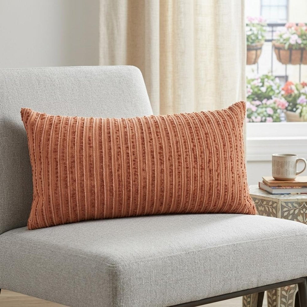 14" X 14" Terra Cotta Striped Cotton Blend Throw Pillow