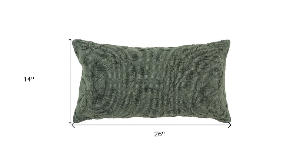 14" X 26" Green Cotton Lumbar Throw Pillow With Texture
