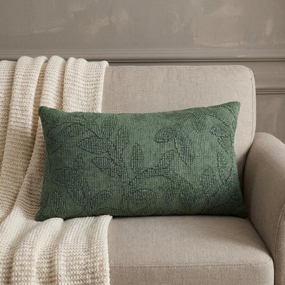 14" X 26" Green Cotton Lumbar Throw Pillow With Texture