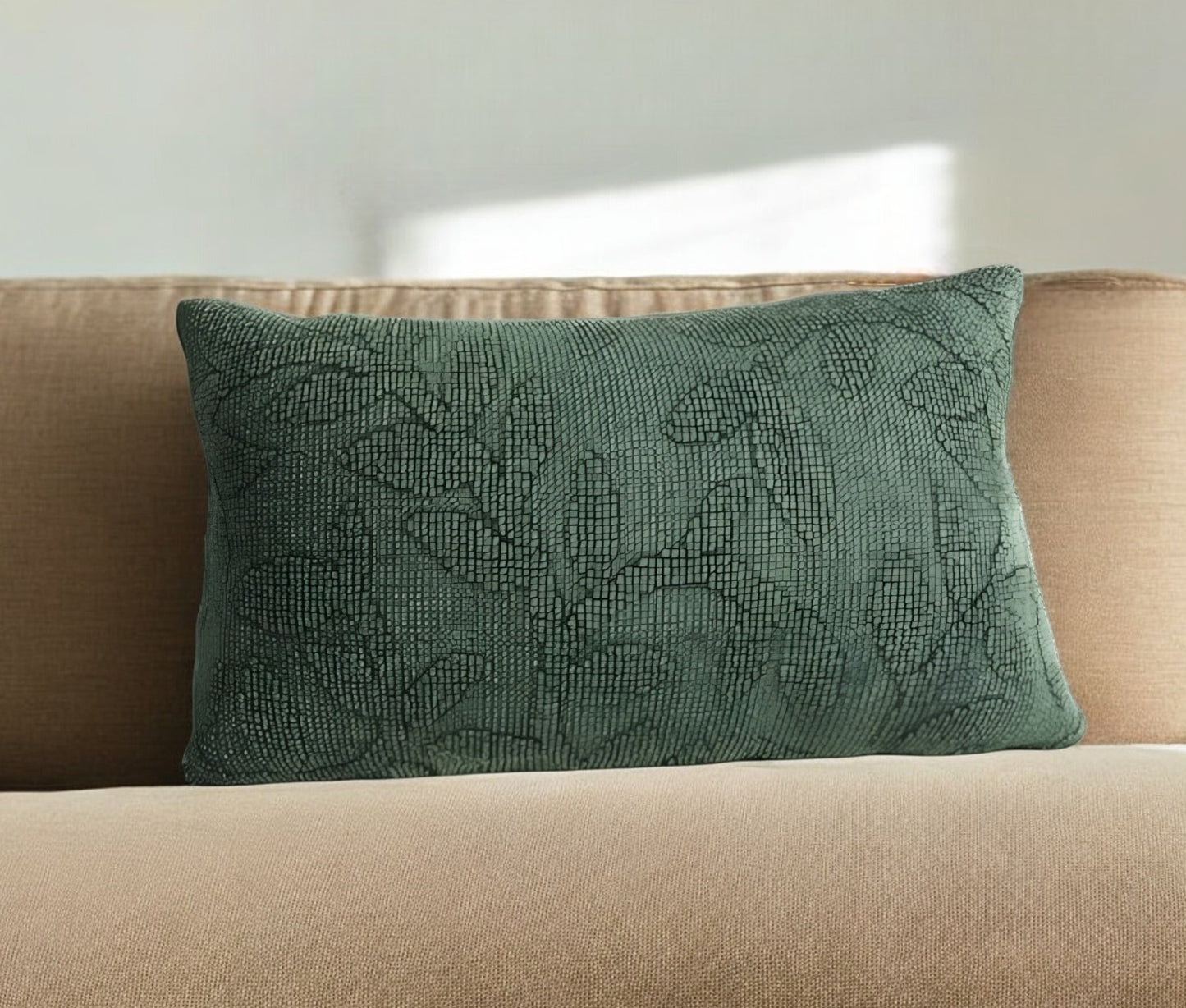 14" X 26" Green Botanical Cotton Throw Pillow With Texture