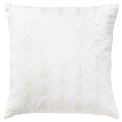 20" White Botanical Stripe Cotton Throw Pillow With Embroidery