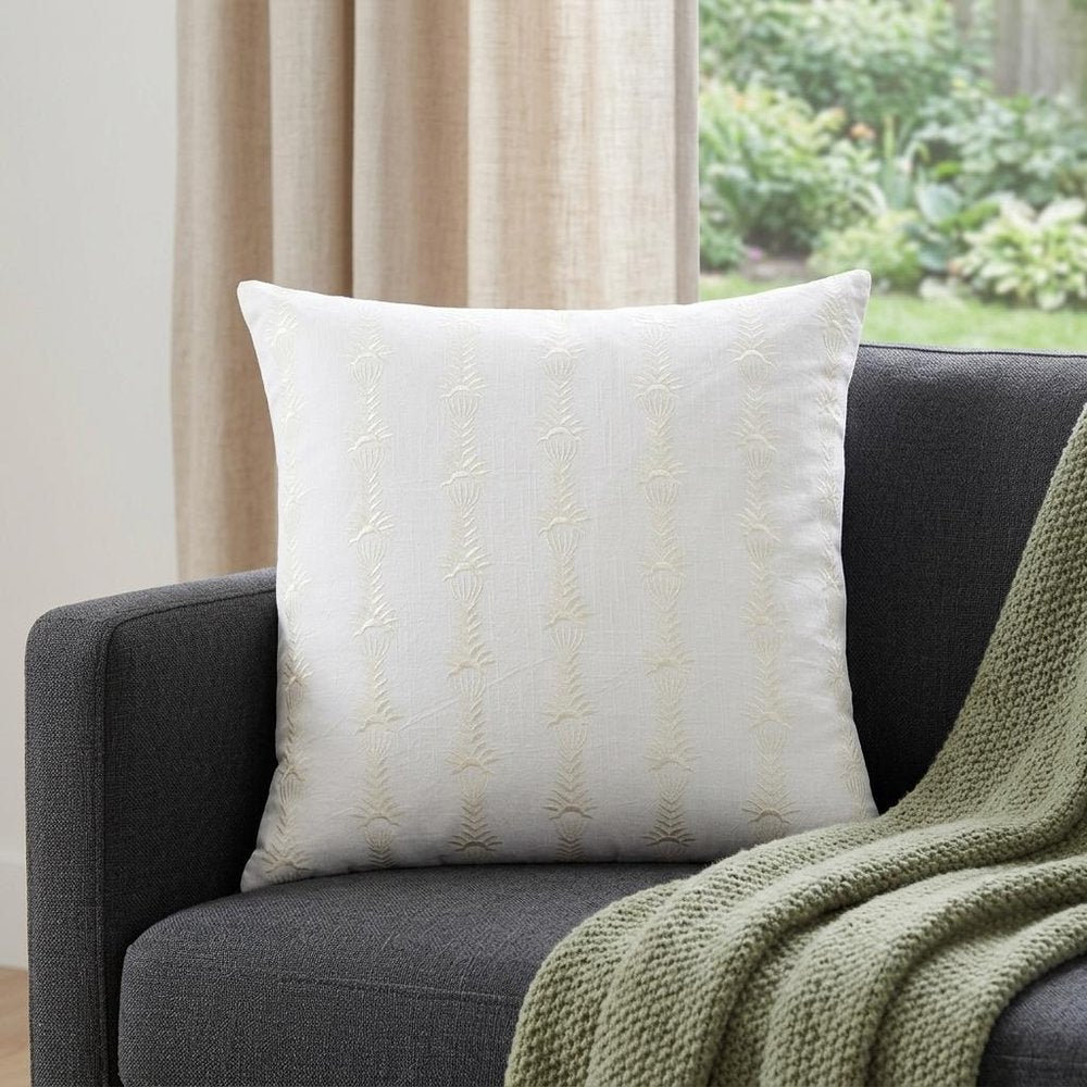 20" White Cotton Throw Pillow With Embroidery