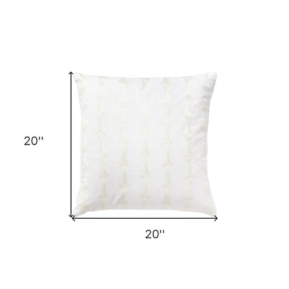 20" White Botanical Stripe Cotton Throw Pillow With Embroidery