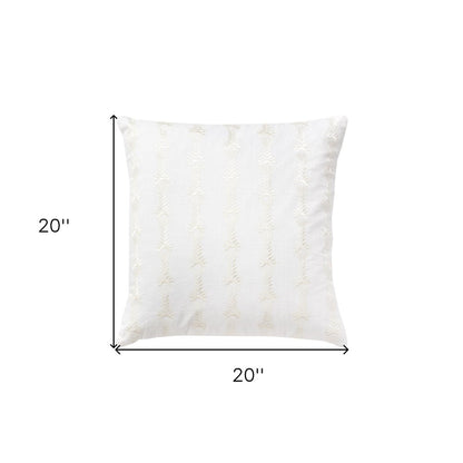 20" White Cotton Throw Pillow With Embroidery