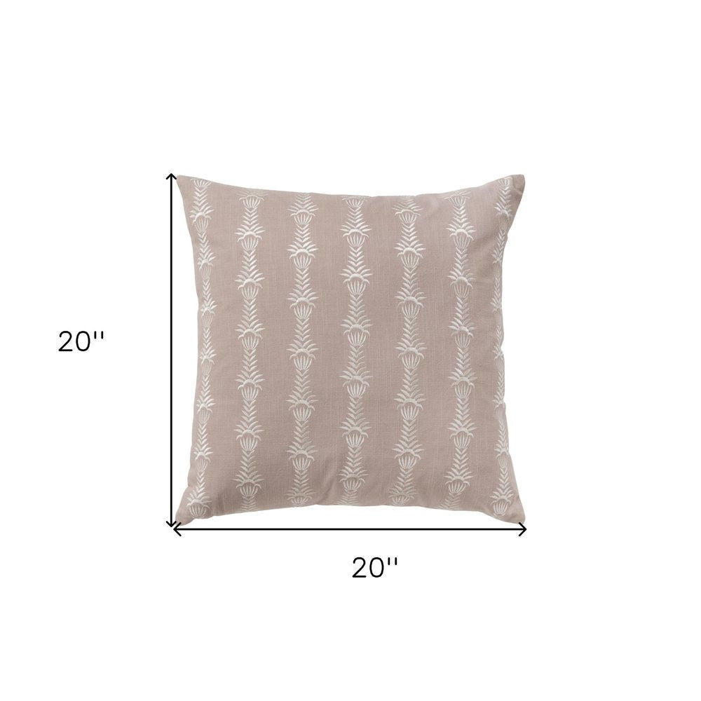 20" Pink and White Cotton Throw Pillow With Embroidery