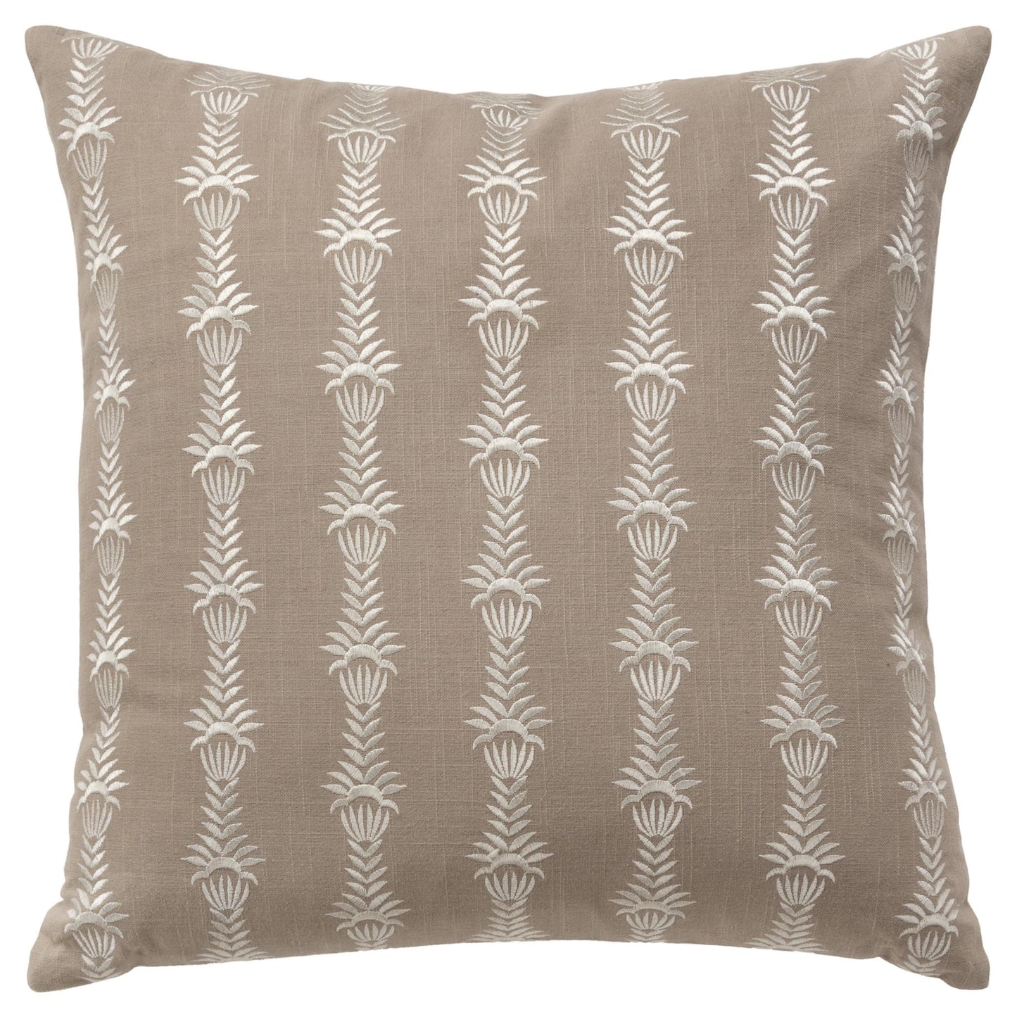 20" Taupe and White Botanical Stripe Cotton Throw Pillow With Embroidery