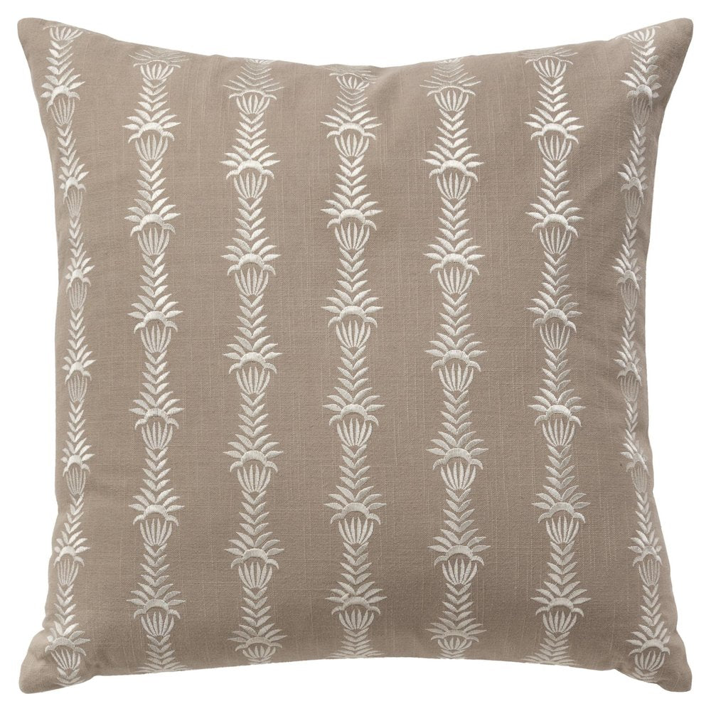 20" Taupe and White Cotton Throw Pillow With Embroidery