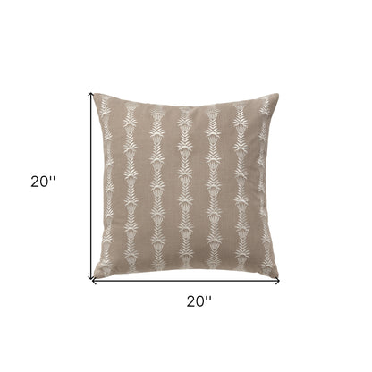 20" Taupe and White Botanical Stripe Cotton Throw Pillow With Embroidery