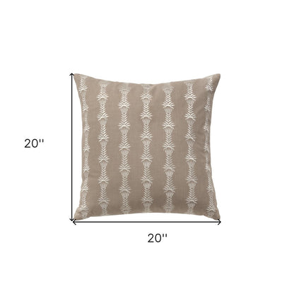 20" Taupe and White Cotton Throw Pillow With Embroidery
