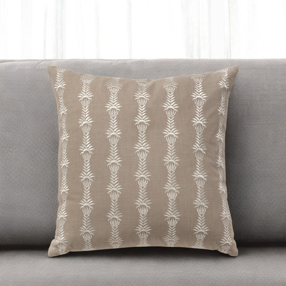 20" Taupe and White Cotton Throw Pillow With Embroidery